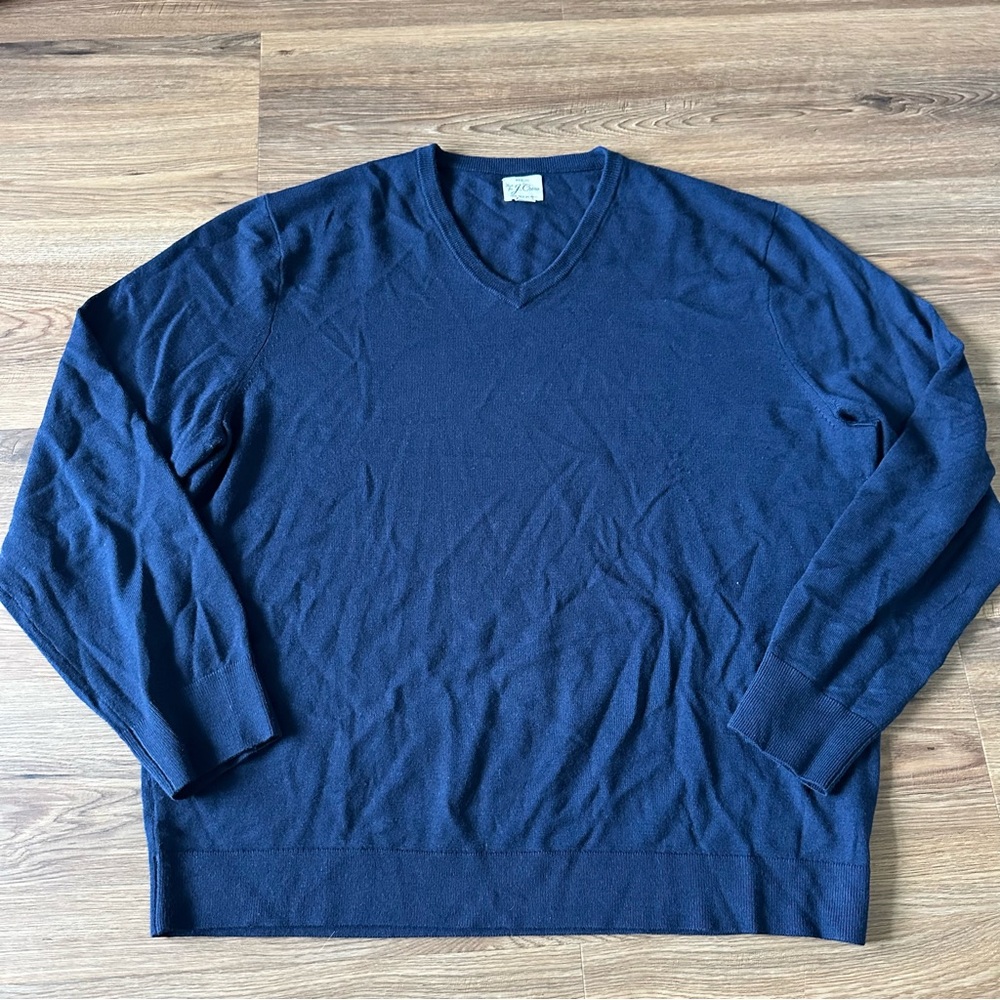 J. Crew Merino Wool V-Neck Knit Sweater Men’s 2XL Navy Blue Preppy‎ Classic Work